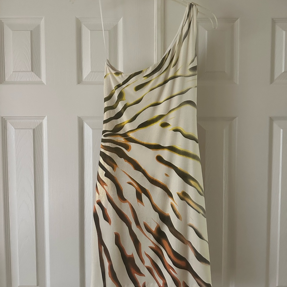 Cache Brown and Cream One-Shoulder Slip Dress